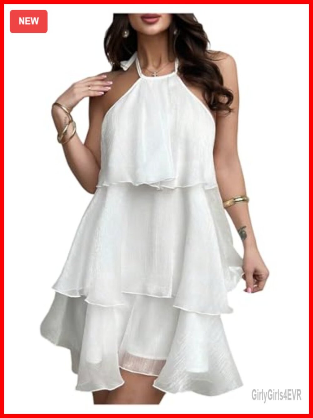 Women's Tiered Ruffle Halter Chiffon Mini Dress Backless A-Line Summer